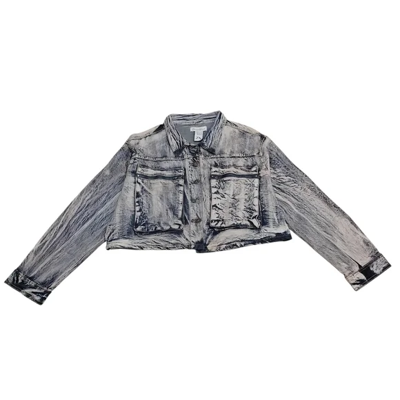 Plus Size Acid Antique Wash Button Front Long Sleeve Denim Jacket - denim - Picture 2 of 5